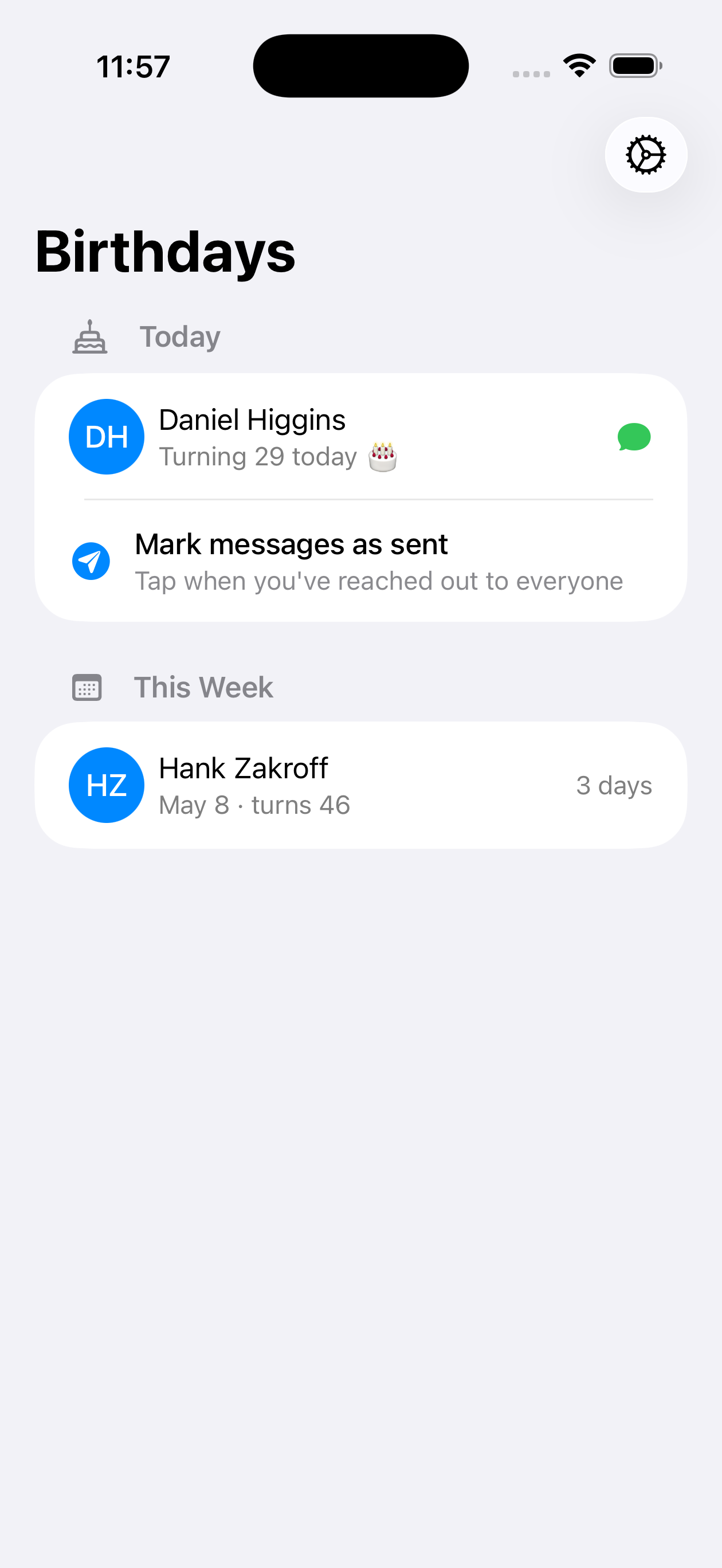 BirthdayAlert home screen showing today's birthdays