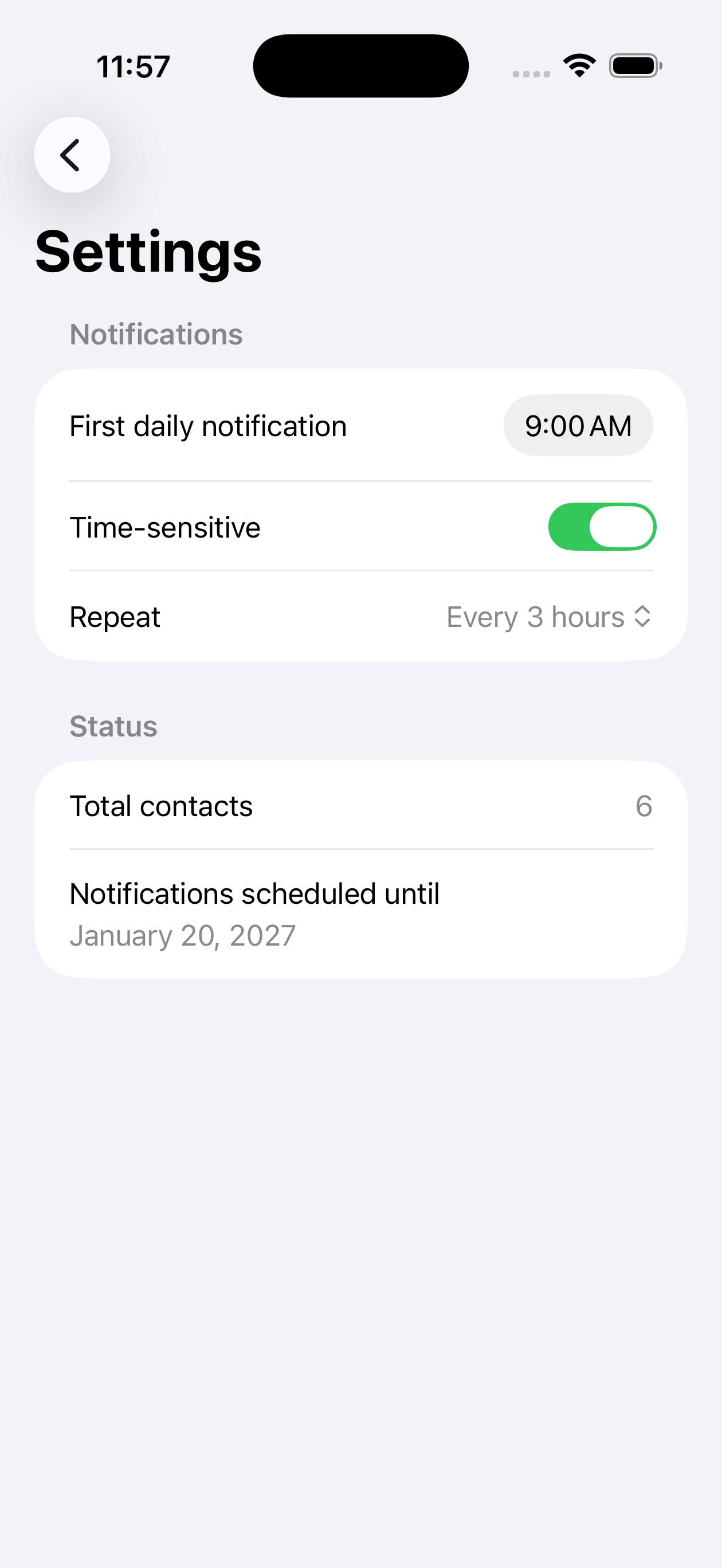 BirthdayAlert settings screen showing notification controls
